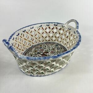 Ceramicas De Coimbra Portugal Hand Painted Pierced Bowl Floral Birds 10"x7"x3"